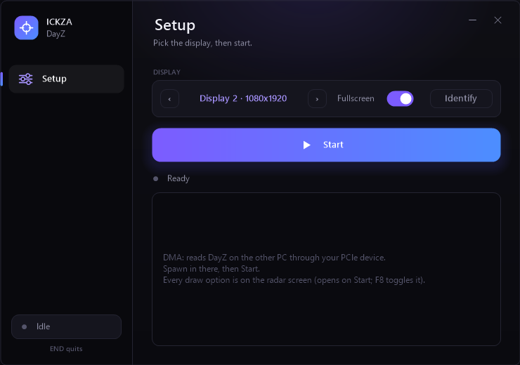 Ickza setup window: pick a display, toggle fullscreen, press Start