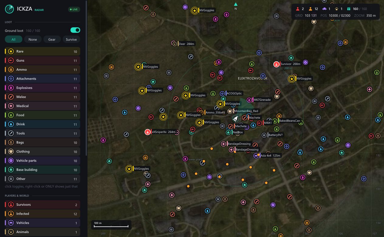 Ickza radar: a map of Elektrozavodsk covered in coloured loot badges, with a category list down the left side